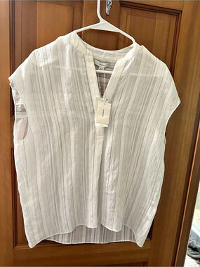 Vince Ticking Stripe Cap-Sleeve Blouse White XS
